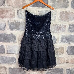 Vintage Alfred Angelo Flirtations Black Sequin Tiered Lace Dress Union Made 80s